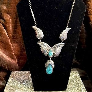 Navajo sterling silver and turquoise winged design necklace by Ray Yazzie